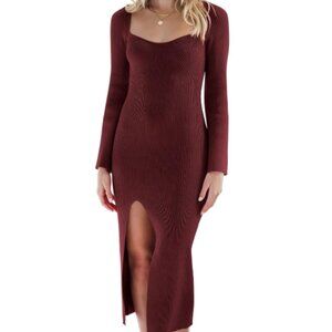 Long Sleeve Sweetheart Neck Slim Fit Ribbed Knit Bodycon Midi Sweater Dress